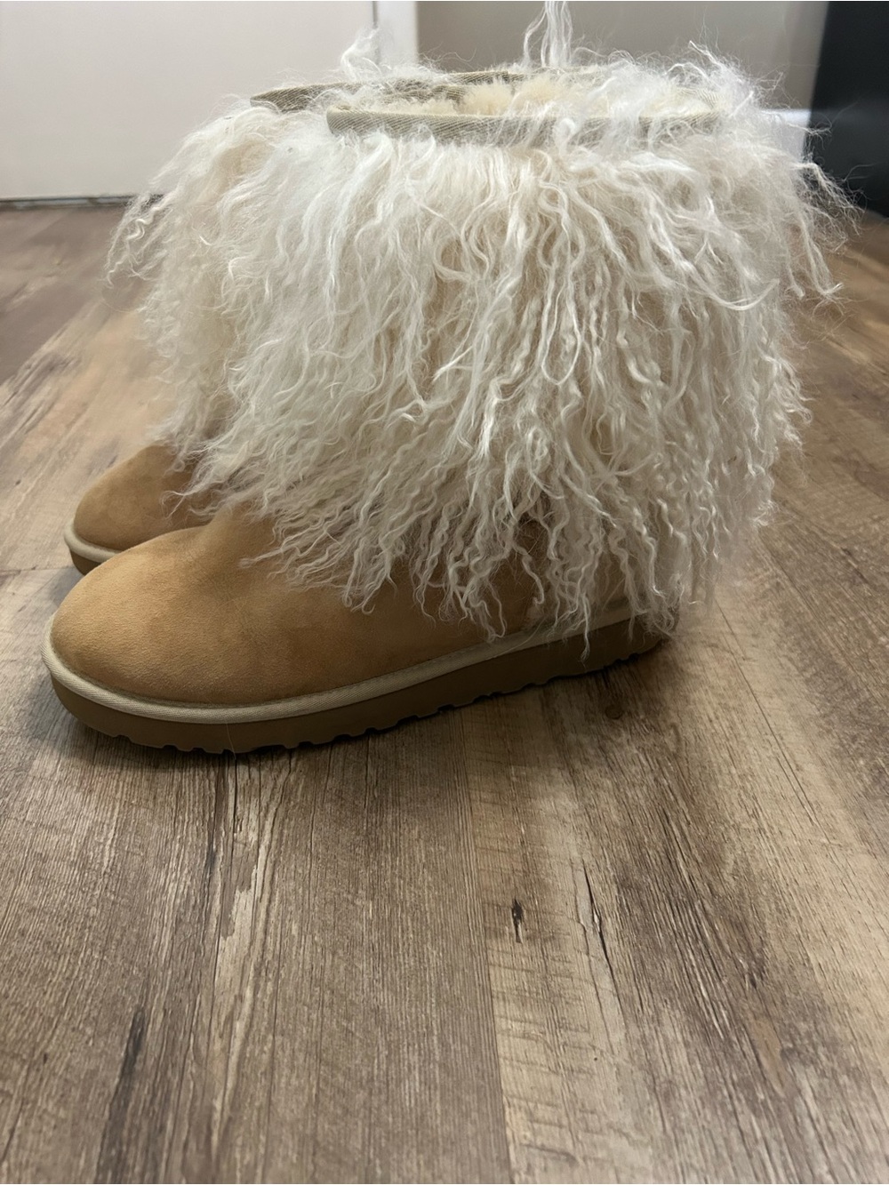 UGG Mongolian Sheepskin Chestnut Suede Boots with Cream Shearling Cuff
